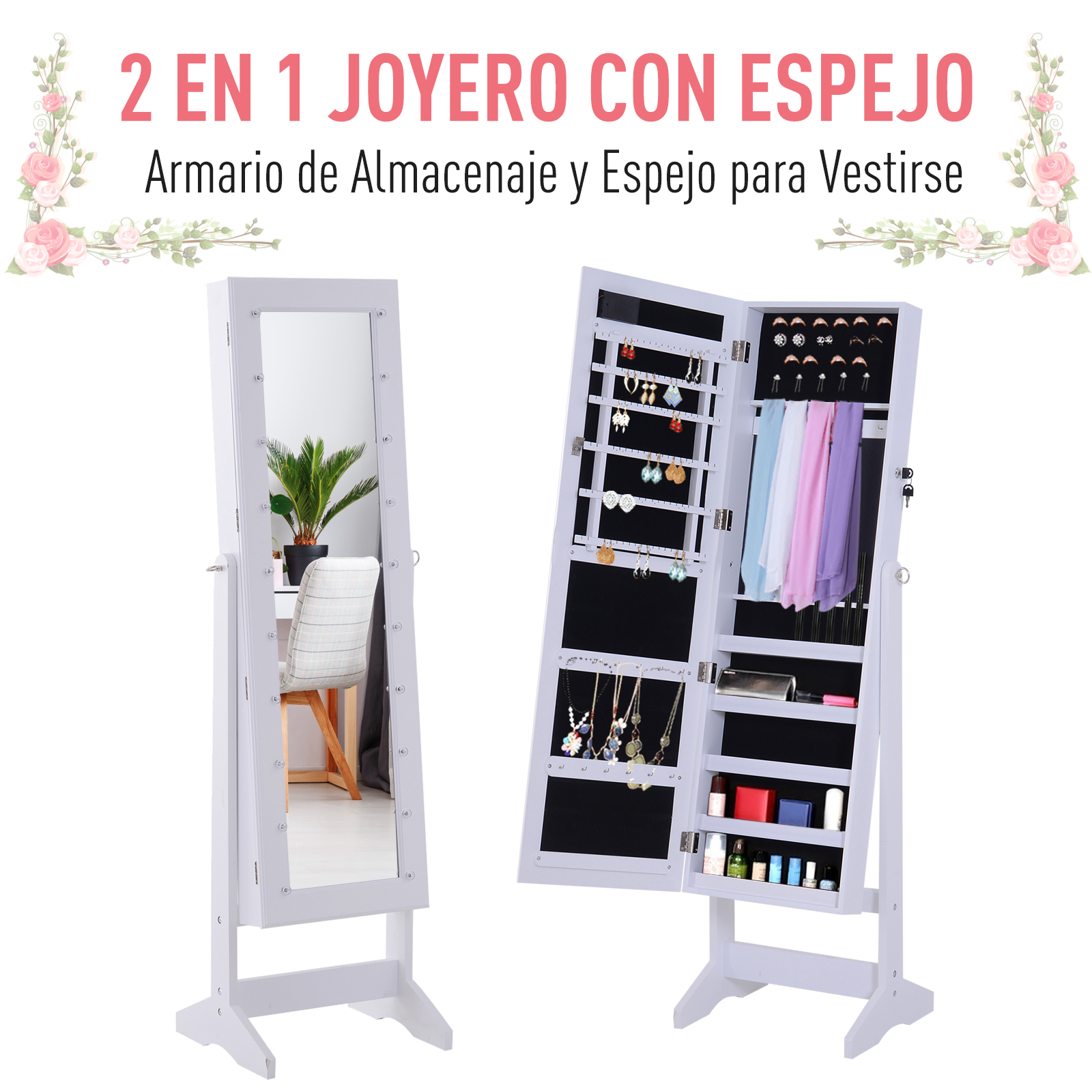 Joyero de Pie con Espejo Armario para Joyas 20 Luces LED Reclinable